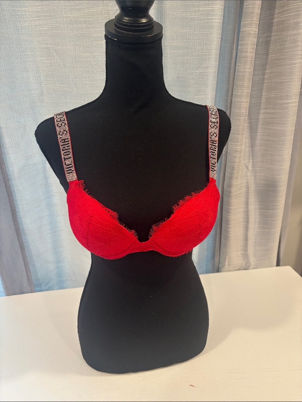 Victoria's Secret Red Lace Push-Up Bra with Jeweled Straps